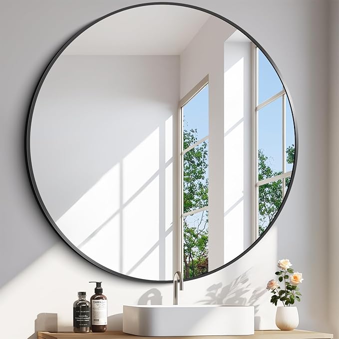 Black Round Mirror, 42 inch Large Circle Mirror, Aluminum Alloy Metal Frame by WelcometoCIVENO
