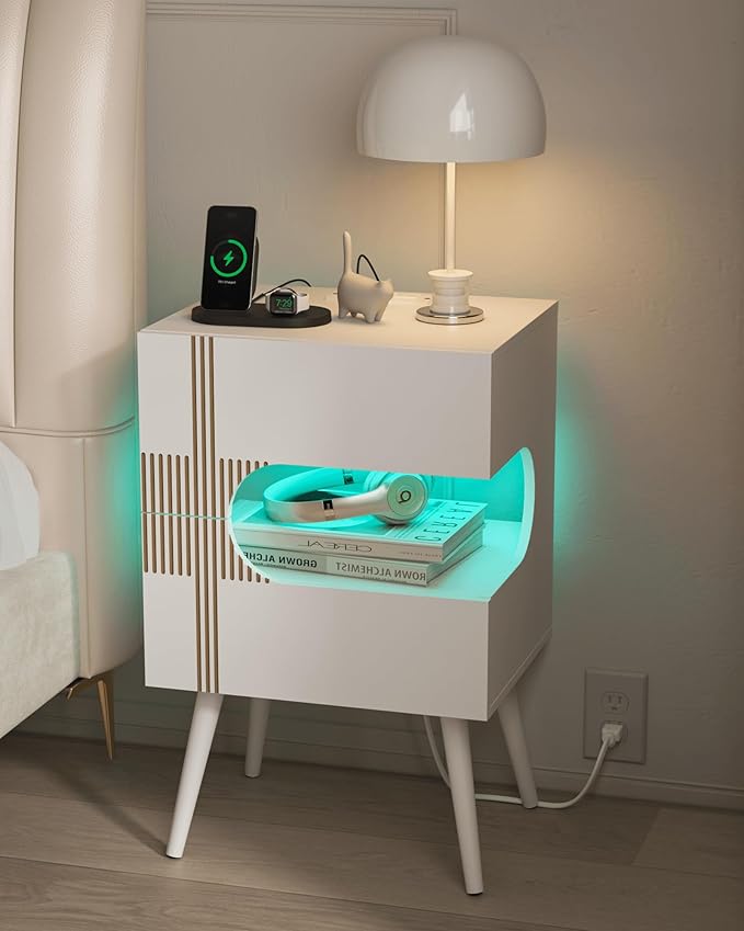 White Nightstand with Charging Station and LED Lights, Modern Bedside Table - Image 9