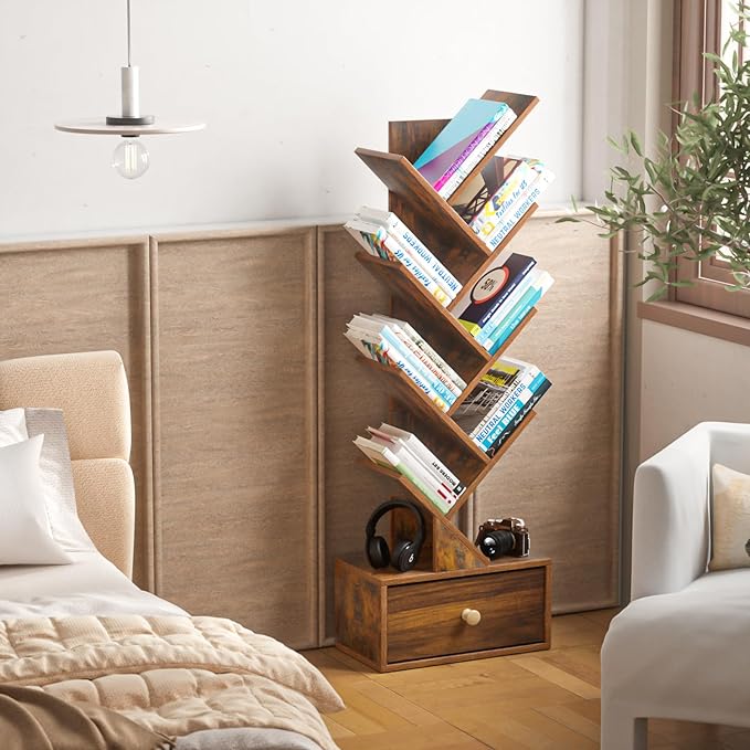8 Tier Tree Bookshelf with Drawer, Free Standing Wood Bookcase - Image 5