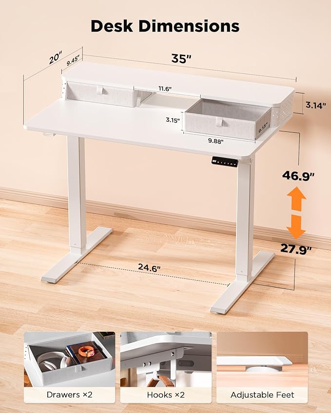 35x20 Inch Standing Desk with Double Drawers, C-Clamp Mount Compatible - Image 3