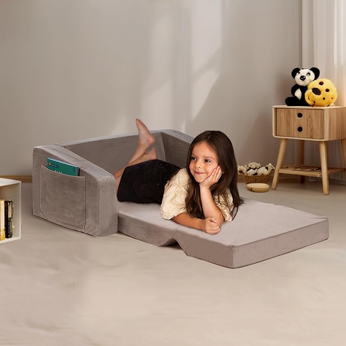 Kids Couch, Extra Wide 2-in-1 Toddler Sofa Convertible Fold Out to Lounger Bed - Image 4