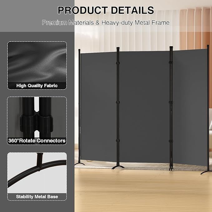 Room Divider 3-Panel Privacy Screen, Portable Screen Steel Frame - Image 3