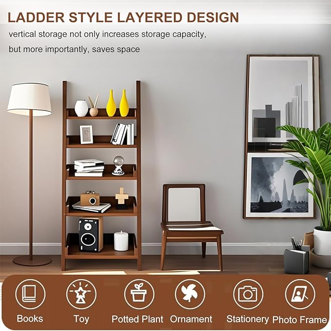 5-Tier Wooden Ladder Shelf Bookcase, H 55" Walnut Ladder Bookshelf Freestanding - Image 6