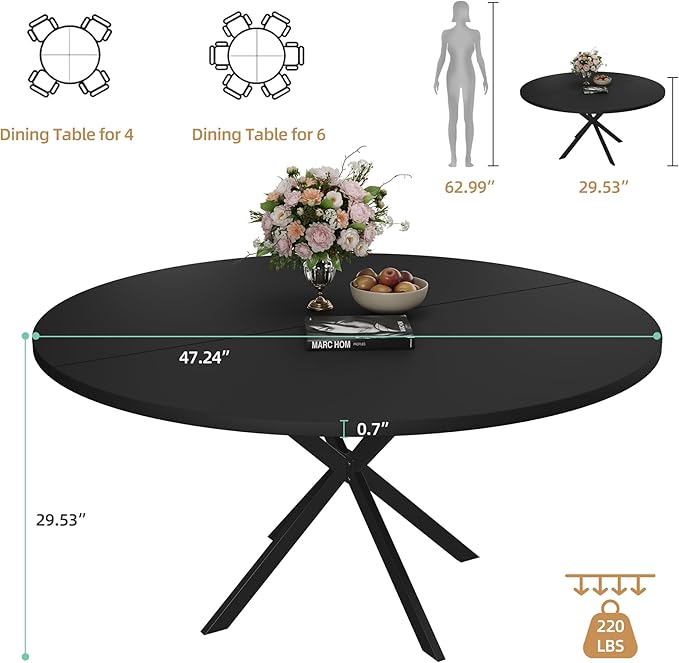 47.24" Round Dining Table for 4-6 Person, Round Kitchen Table - Image 2