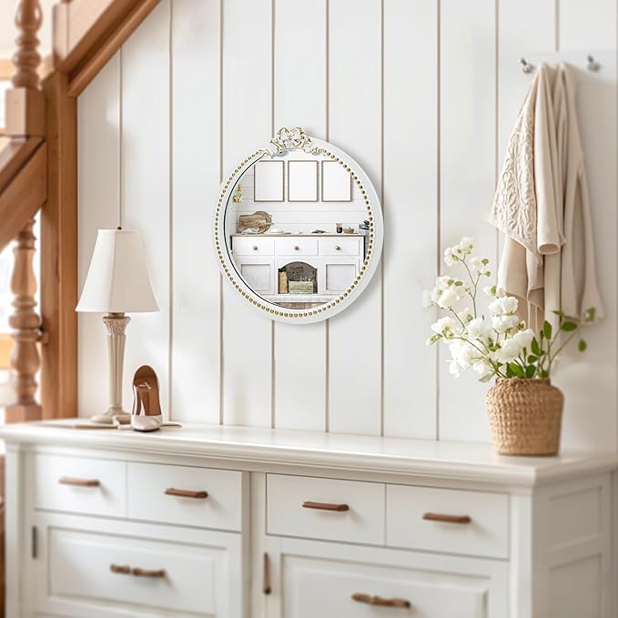 Vintage Round Wall Mirror 11.8inch Small Farmhouse Wooden Vanity Mirror - Image 7