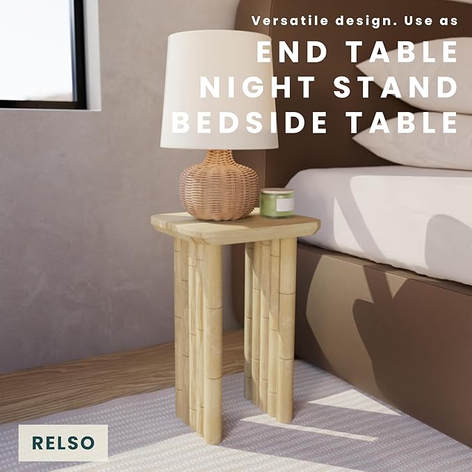 Bambos End Table | Sold Mango Wood Bedside Table, Natural Finish Side Table - Image 4