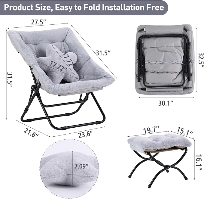 Welnow Comfy Saucer Chair with Ottoman, Oversized Folding Reading Chair - Image 3