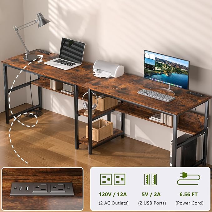 78.74" Two Person Desk with 2 Power Strips, Double Desk with Shelves, Long - Image 5
