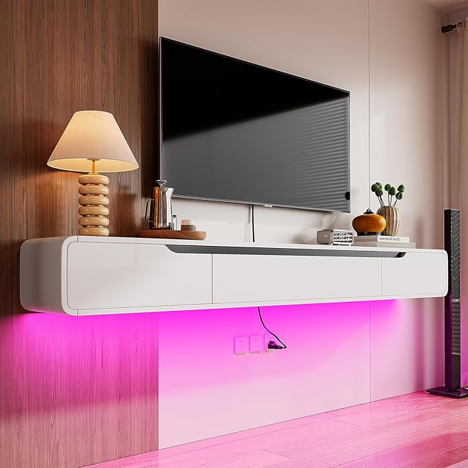 Fully-Assembled Floating TV Stand, 47IN High Gloss Wall Mounted Entertainment - Image 4