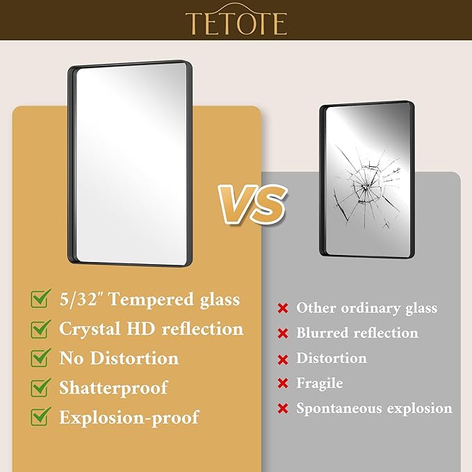 TETOTE Black Mirror 40 x 30 Matte Black Metal Framed Vanity Mirror, Tempered - Image 4