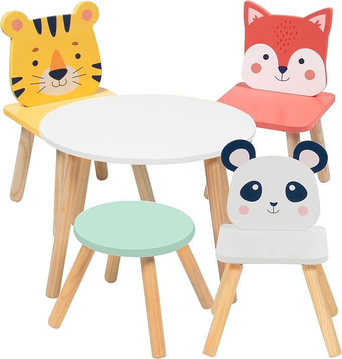 Kids Wooden Animal Table & Chair Set w 4 Seats- Tiger Panda & Fox Plus Adult by Svan