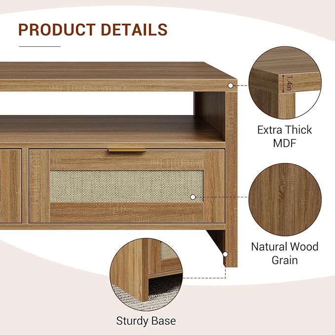 2 Tiers Boho Coffee Table with Storage, 40” Mid Century Rattan Console Table - Image 5