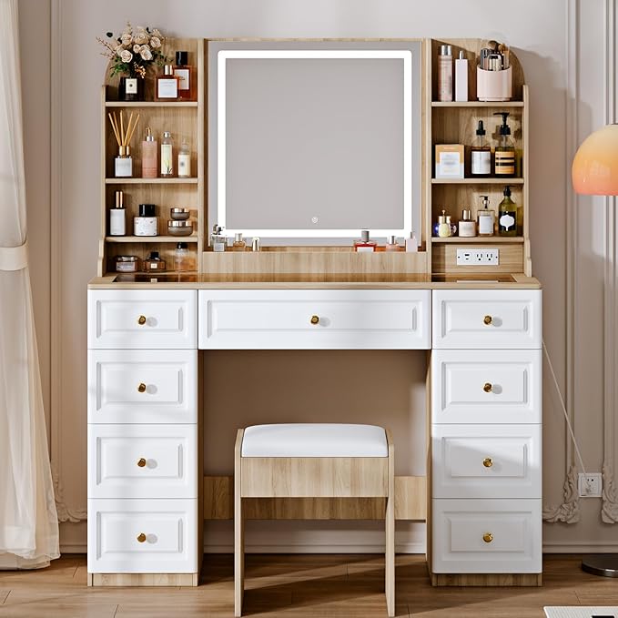 43" Makeup Vanity Desk with Mirror and Lights, & Power Outl, Glass Top Big - Image 8
