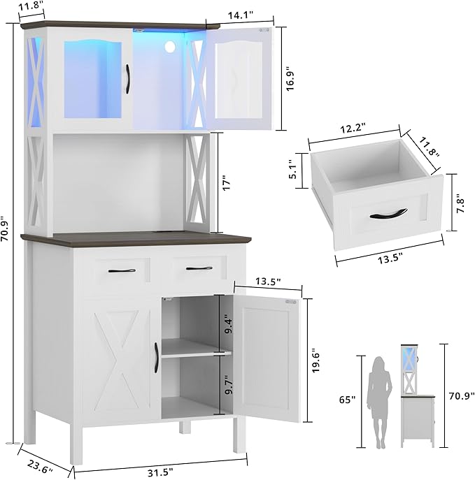 IRONCK 71" Pantry Cabinet with LED Lights and Charging Station, Tall Kitchen - Image 3