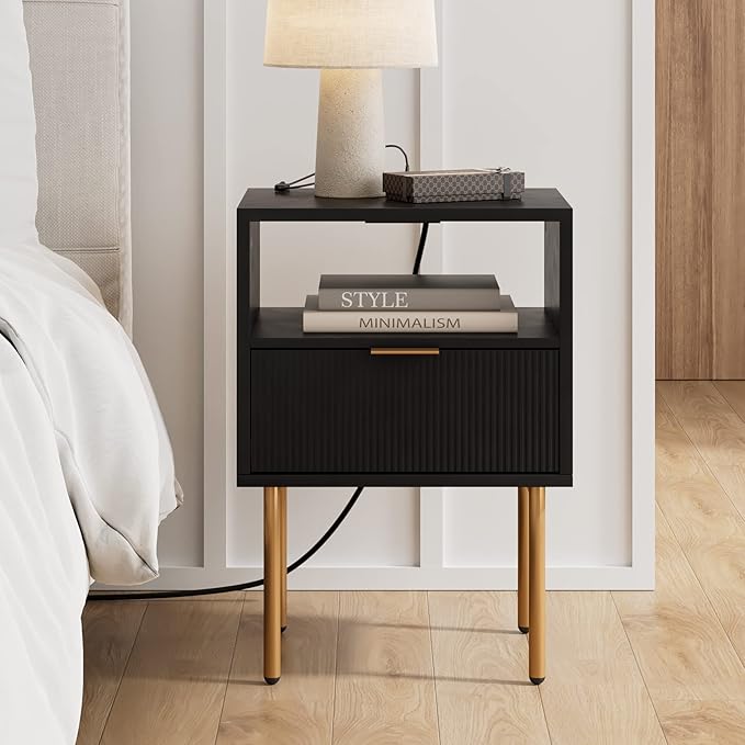 Masupu Nightstand with Charging Station, Mid-Century Modern Bedside Table with by Masupu