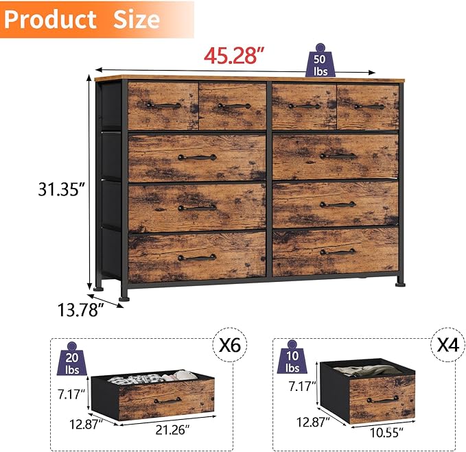 Furnulem Bedroom Dresser for 55”Long TV Stand, 10 Storage Organizer Dressers & - Image 3