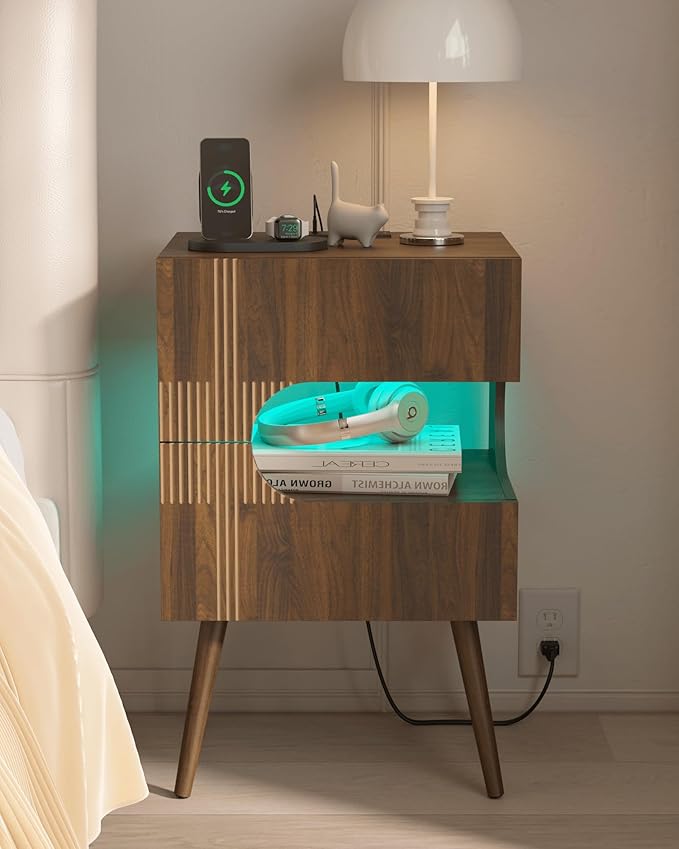 Nightstand with Charging Station and LED Lights, Modern Bedside Table with 2 - Image 9