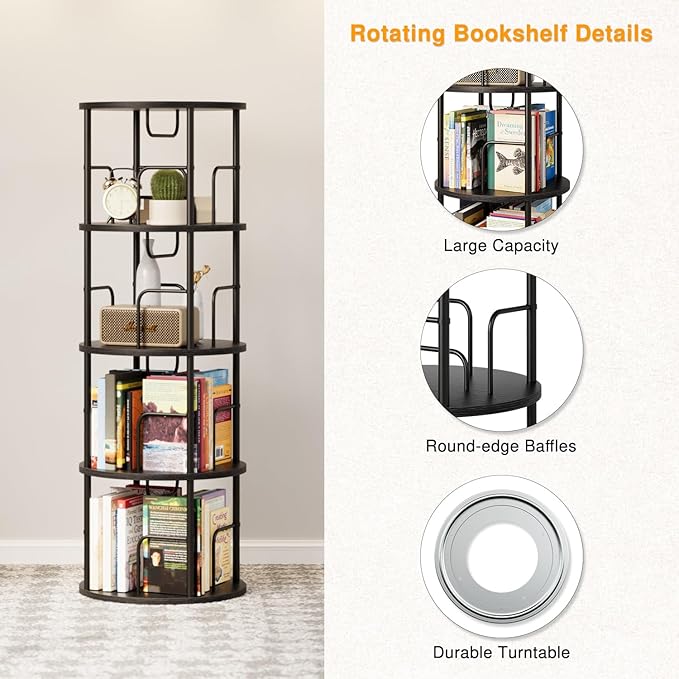 4 Tier Rotating Bookshelf, 360 Display Spinning Corner Bookshelf, Space-Saving - Image 5