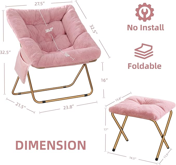 Comfy Saucer Chair for Adults, Foldable Living Room Chairs, Soft Faux Fur - Image 3