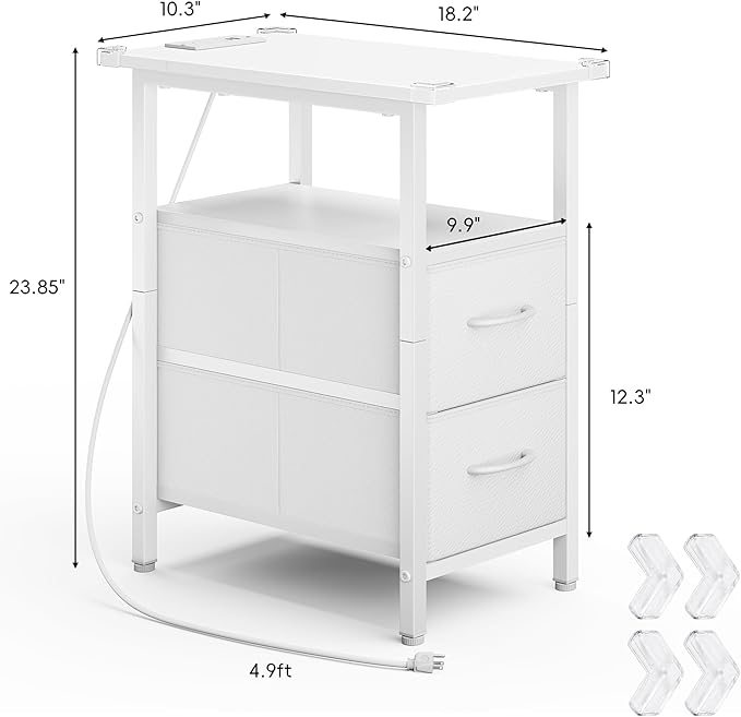 Vagusicc White End Table with Charging Station, Narrow Side Table, 23.8'' Tall - Image 3