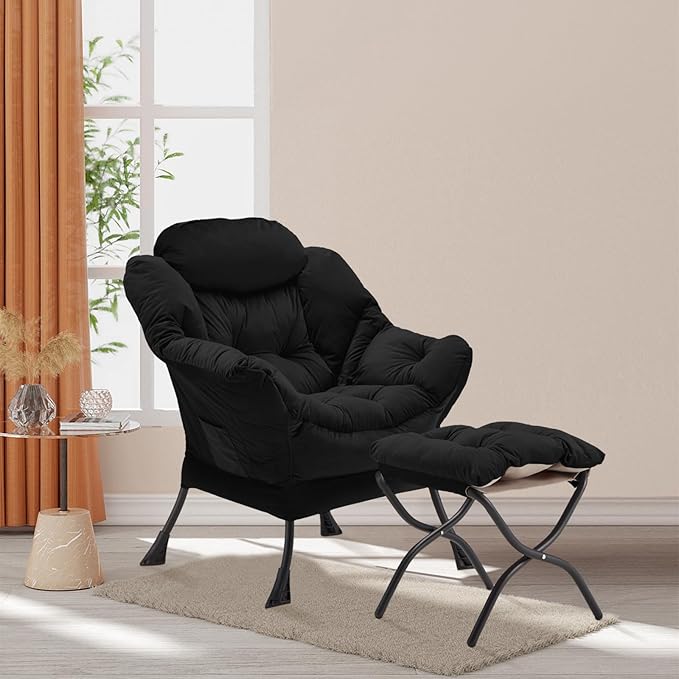 Lazy Chair with Folding Ottoman, Accent Chair Velvet Upholstered with Metal - Image 2