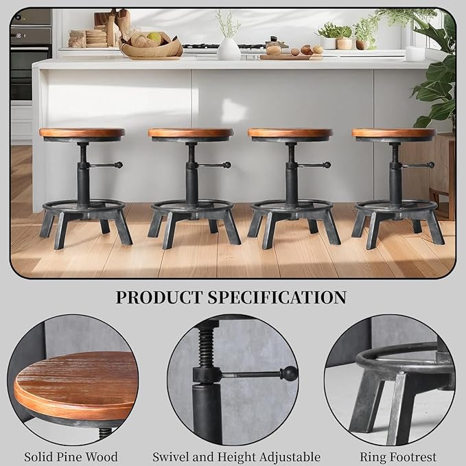 Set of 2-Industrial Bar Stool-Counter Height Chairs- Swivel Wooden Seat- - Image 3