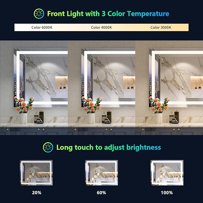 24x32 Inch RGB LED Bathroom Mirror Front Light and RGB Backlit Lighted Vanity - Image 4