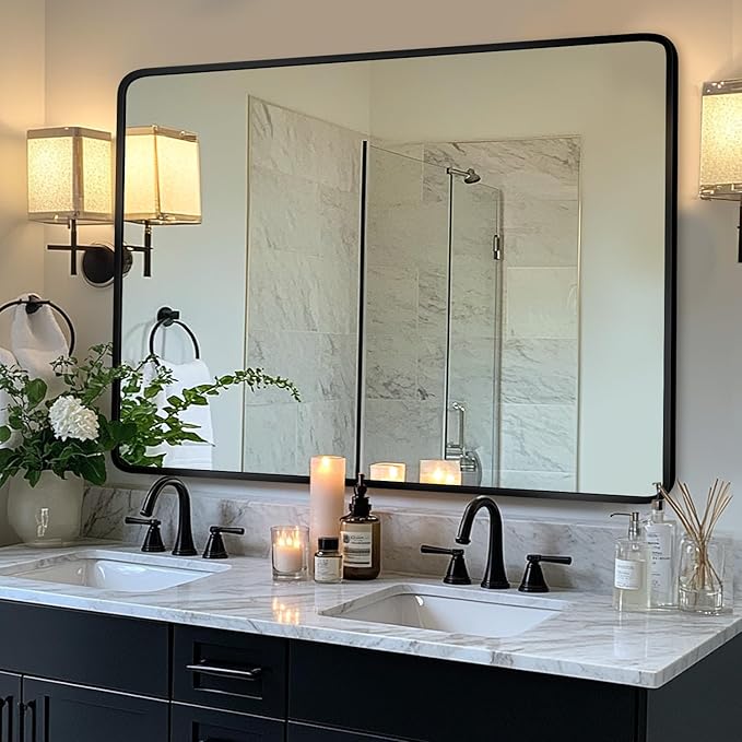 Bathroom Mirror, Rectangular Aluminum Alloy Frame Contemporary Hanging Mirror - Image 2