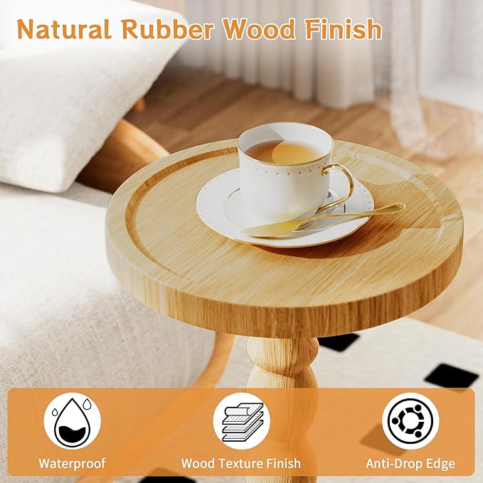 Solid Wood Drink Table, Rubber Wood‌ Small Round Side Table - Image 4