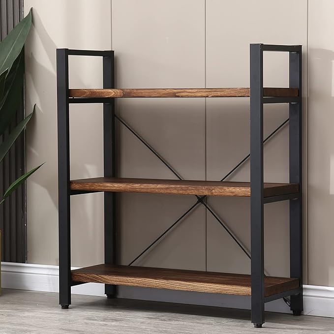 Natural Real Solid Wood Bookcase, 3 Tier Metal and Wood Open Book Shelf Storage - Image 8