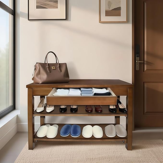 Wood Shoe Bench Entryway with Drawer: 2-Tiers Wooden Storage Shoe Rack with - Image 8