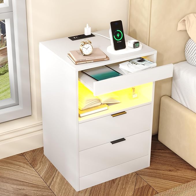 Gadroad LED Nightstand with Charging Station, Bedside Table with 3 Drawers and by Gadroad