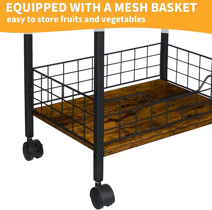 Microwave Cart with Storage, 3-Tier Rolling Kitchen Stand with Wire Basket - Image 7
