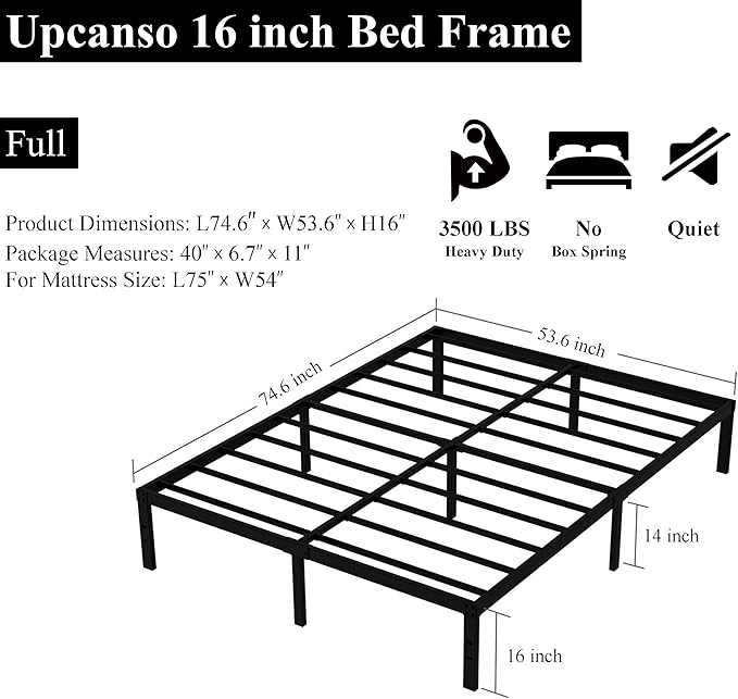 16 Inch Full Size Bed Frame No Box Spring Need, Metal Platform Full Bed Frames - Image 3