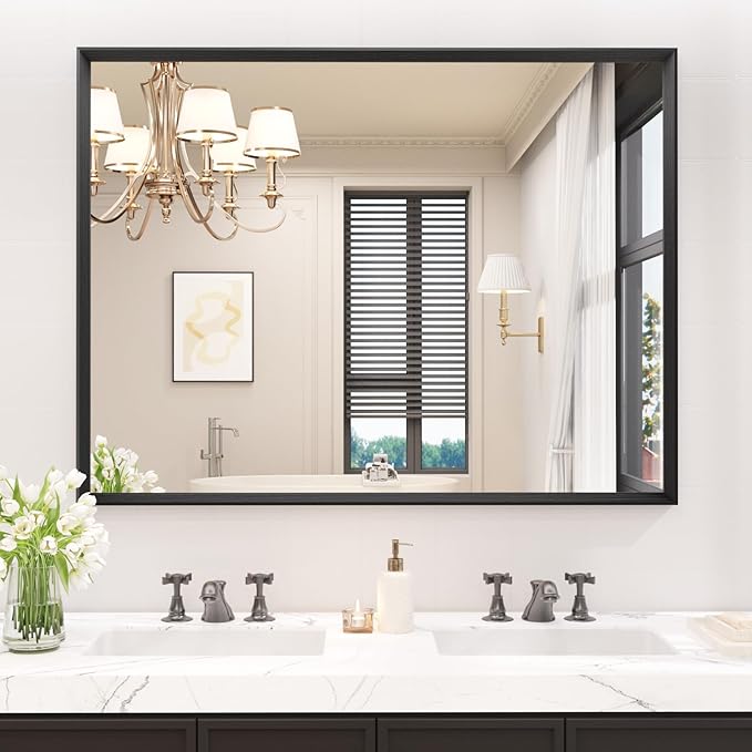 40x36 Inch Bathroom Mirror, Matte Black Framed Rectangle, 4MM Tempered Glass by JISOSO