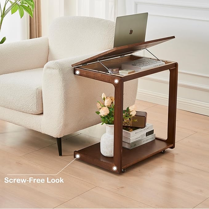 CozyDH Adjustable C Shaped End Table, Rolling Side Table Solid Wood TV Sofa - Image 7