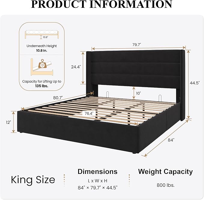 SHA CERLIN King Size Lift Up Storage Bed/Velvet Upholstered/Modern Wingback - Image 2