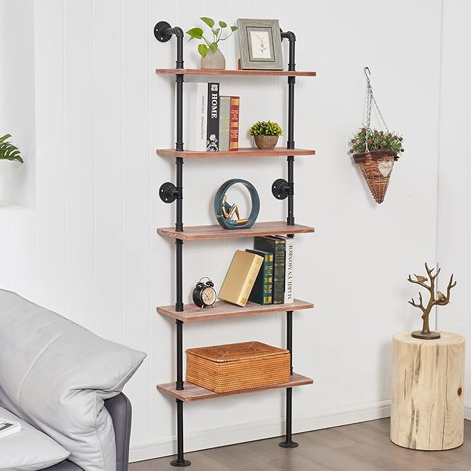 5 Tier Industrial Ladder Bookshelf, Wall Mounted Wood Metal Rustic Pipe Shelves by ANYNICE