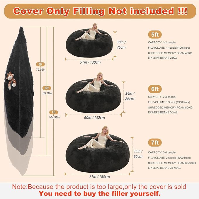 Bean Bag Cover, Fluffy Beanbag Chairs Cover Only, Stuffed Animal Storage Bean - Image 2