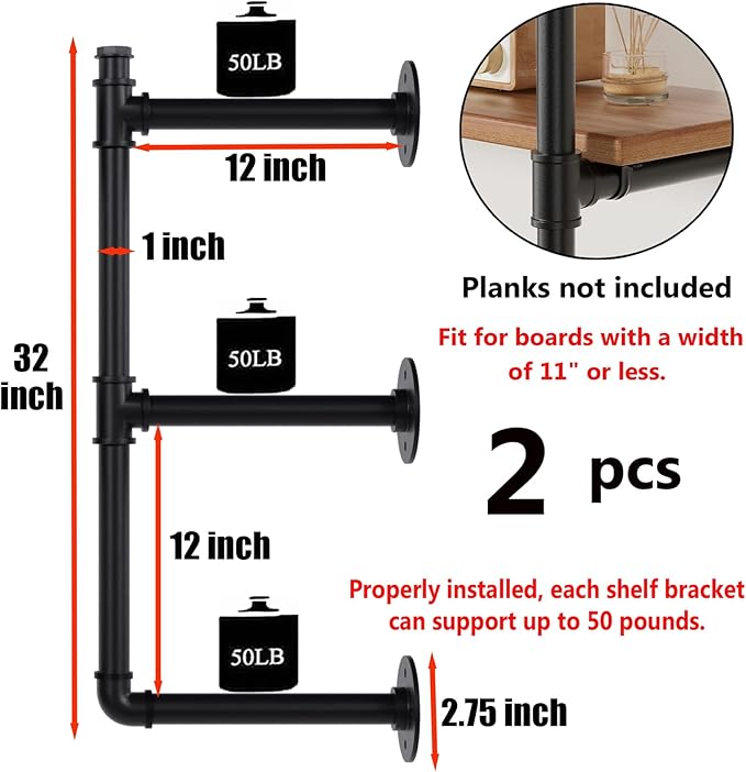 Industrial Pipe Shelf Brackets Wall Mount, Open Black Pipe Shelving - Image 3
