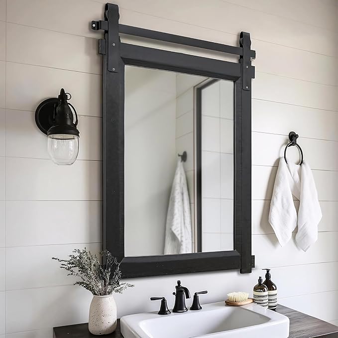 Farmhouse Barn Door Mirror: 22"x30" Black Rustic Wood Frame Mirror by Besdomus