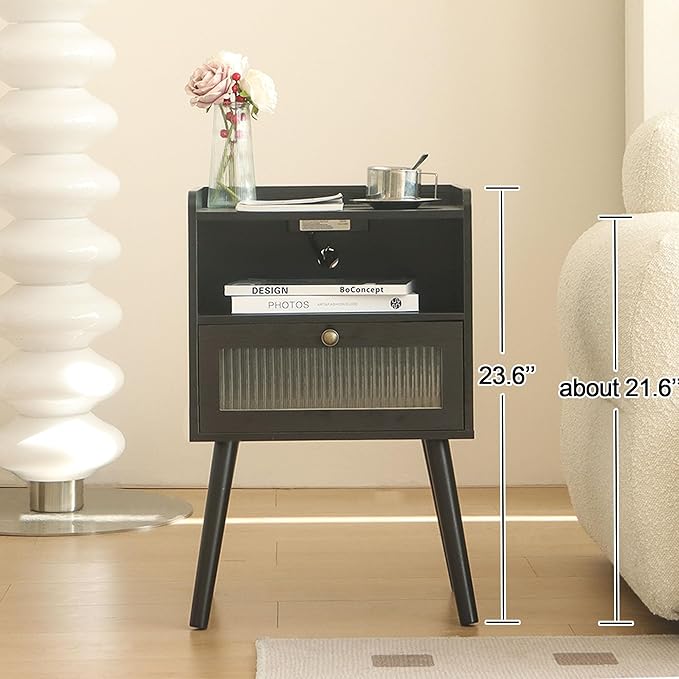 AWASEN Black Nightstand with Charging Station, Modern Bedside Table with Glass - Image 3