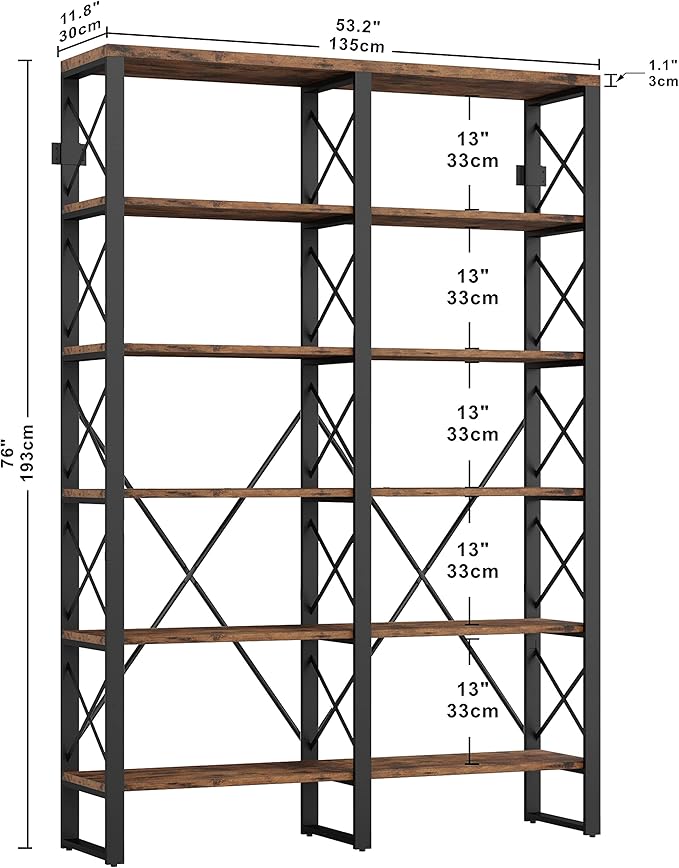 IRONCK Bookshelf Double Wide 6-Tier 76" H, Open Large Bookcase, Industrial - Image 3