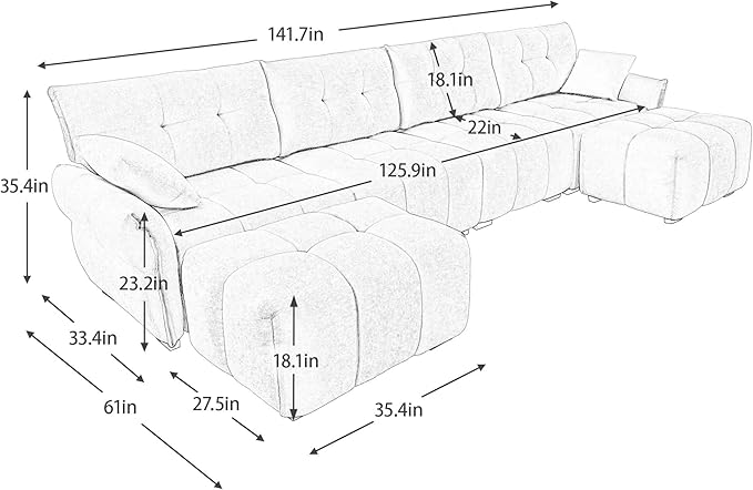 Modern Chenille Fabric 4-Seat Sofa w/Two Ottoman+2 Pillows, Premium Upholstery - Image 2
