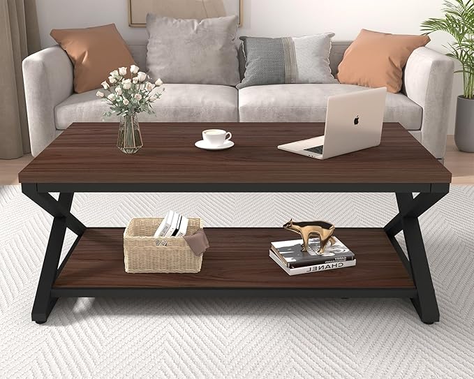 HSH Walnut 2 Tier Storage Coffee Table, Modern Rectangle Center Table - Image 4
