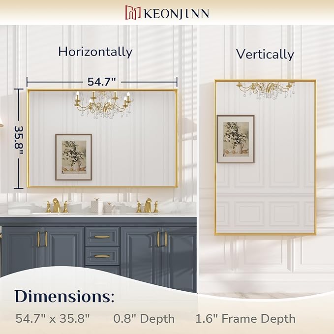 Keonjinn Brushed Gold Bathroom Mirror 55 x 36 Inch, Large Gold Vanity Mirror - Image 6