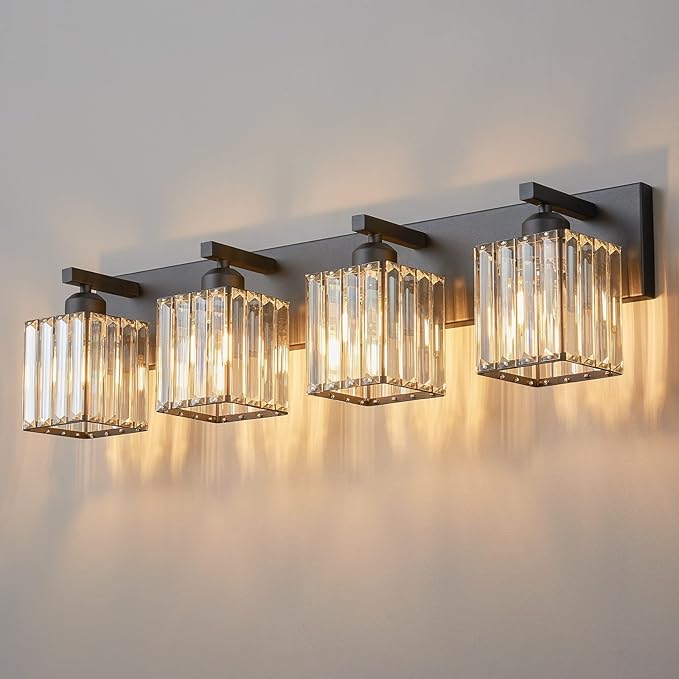Modern 4-Light Black Crystal Bathroom Vanity Light Fixtures by FDPBY