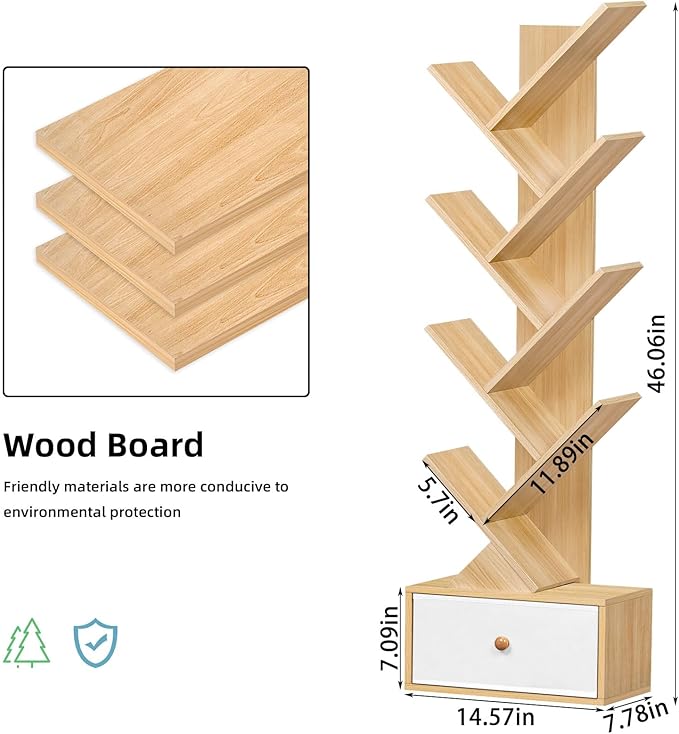 8 Tier Tree Bookshelf with Drawer, Free Standing Wood Bookcase - Image 3