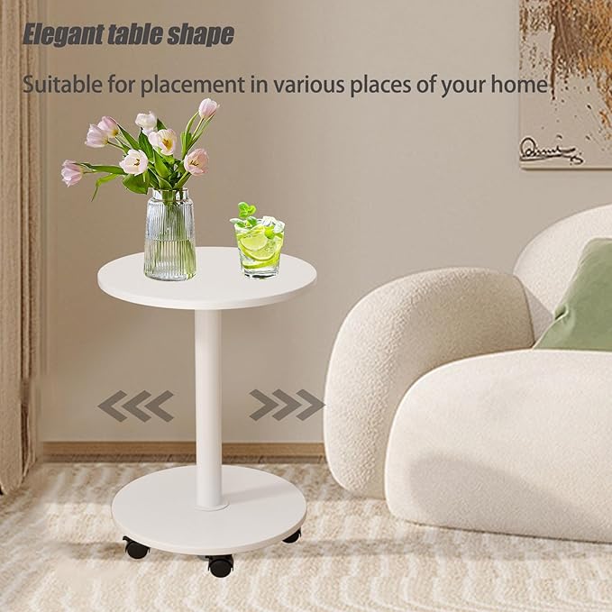Pedestal Side Table Round with Wheel, Rotating Couch Tables That Slide Under - Image 7