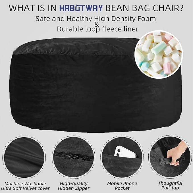 HABUTWAY Bean Bag Chair: Giant 5' Memory Foam Furniture Bean Bag Chairs - Image 4